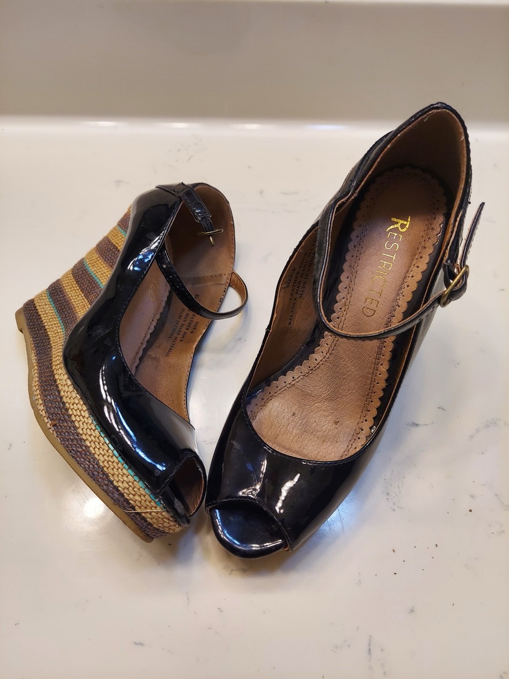 Restricted Black Patent Peep Toe Wedges with Striped Espadrille Heel